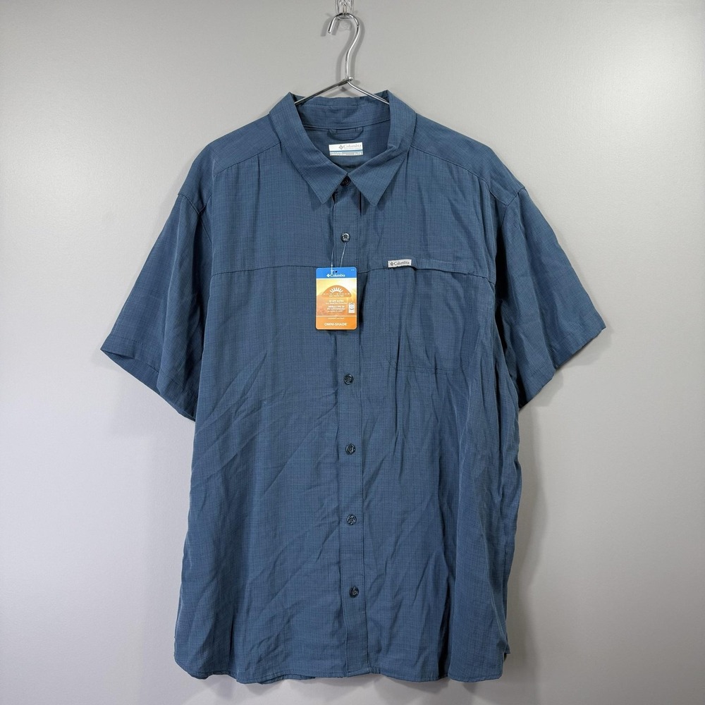 NWT Columbia Shirt Mens XL Blue Longspur Short Sleeve Omni-Shade UPF 30 Outdoor